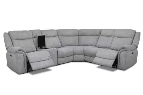 Ashford Luxe Corner Sectional in Tweed Ash Fabric with Console, Power Recliners, and Headrests